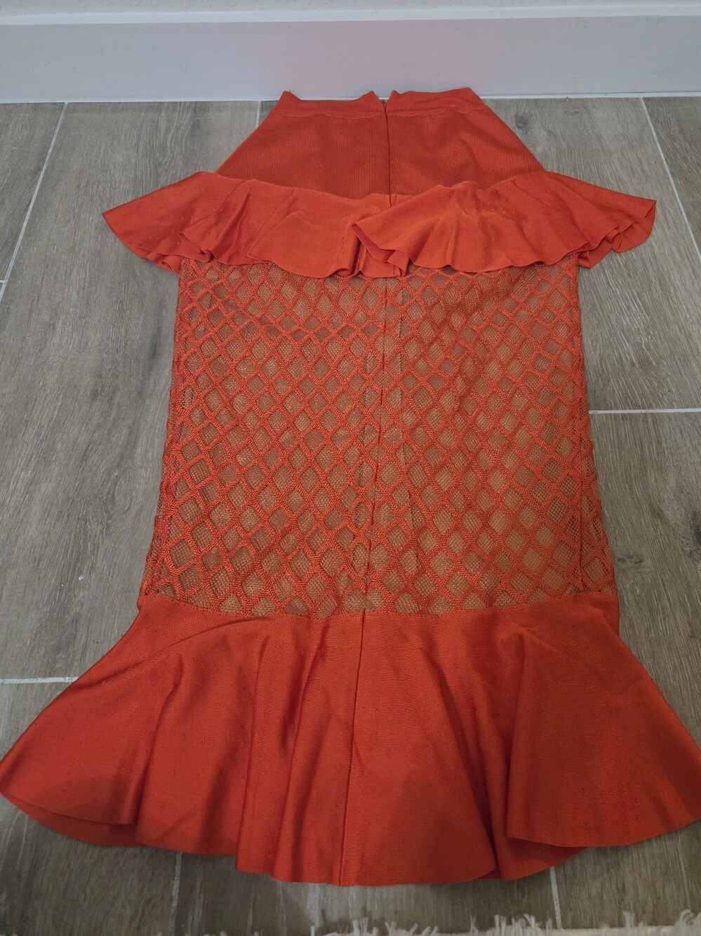 Balmain Orange High-Low Ruffle Crochet Pencil Skirt